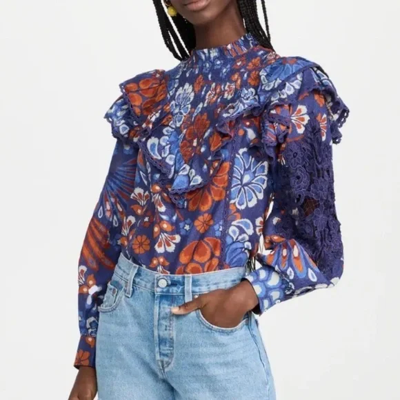 FARM RIO Smocked Pineapple Flowers Navy Blue Blouse Size Small - Picture 5 of 13